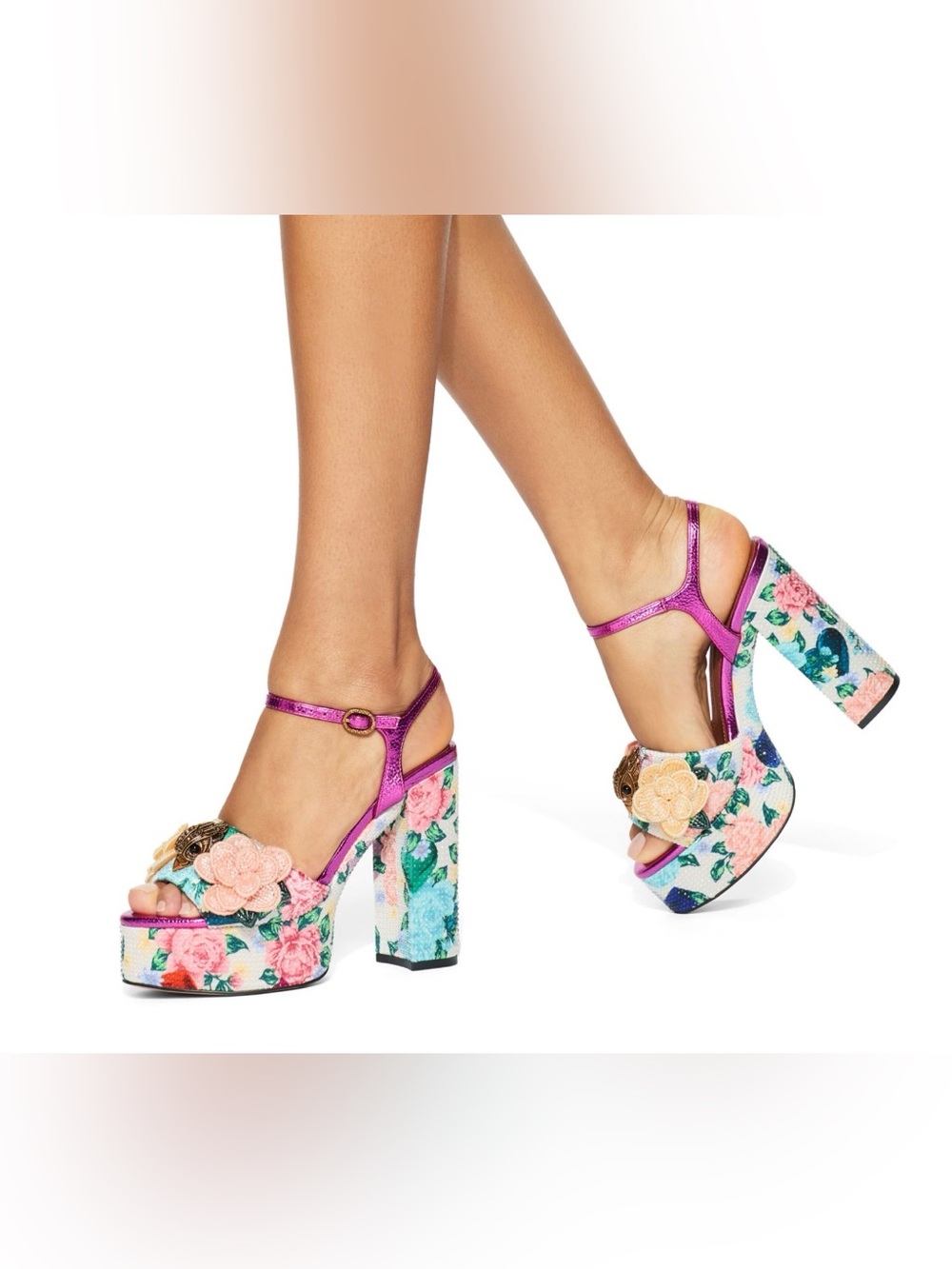 Kurt Geiger KENSINGTON Metallic Fuchsia Floral Beaded Platform Sandals 37 - Picture 6 of 16